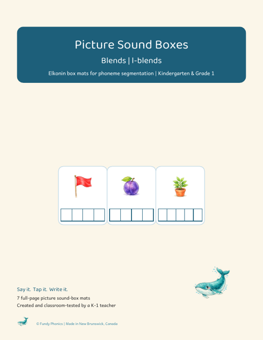 Cover of the l-blends picture sound boxes set showing flag, plum and clam picture mats with sound boxes